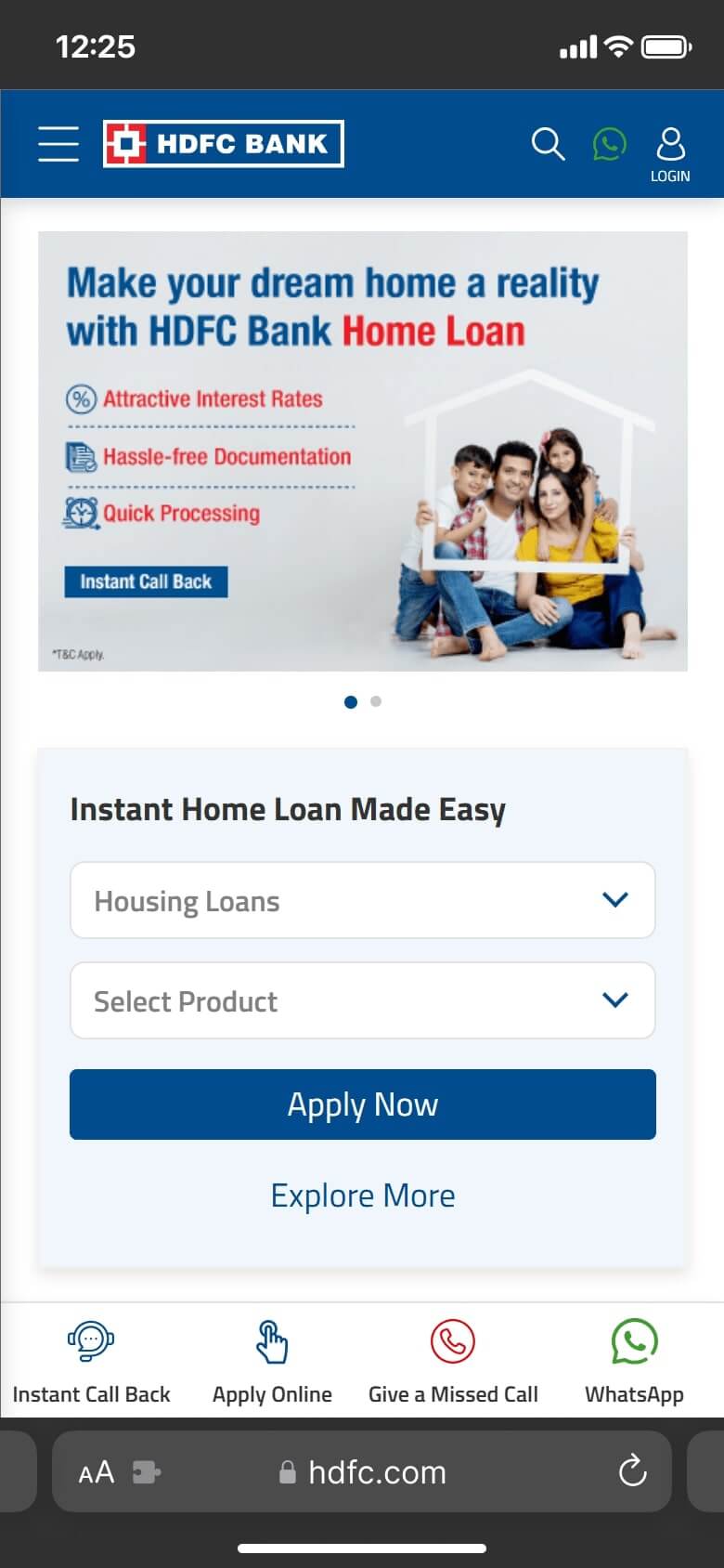 HDFC Bank mobile view