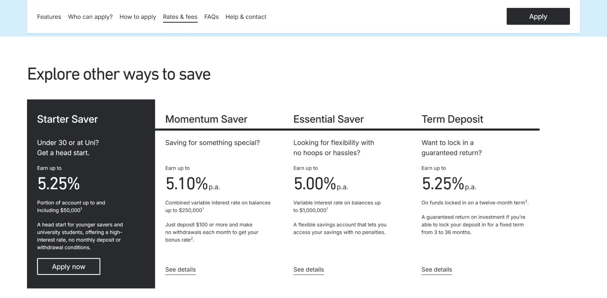 The savings comparison on the UniBank site