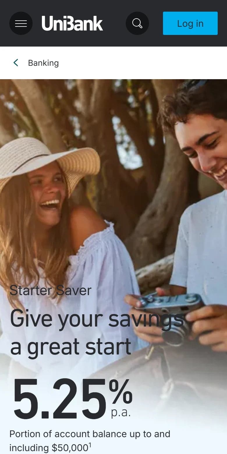 UniBank Starter Saver page, mobile